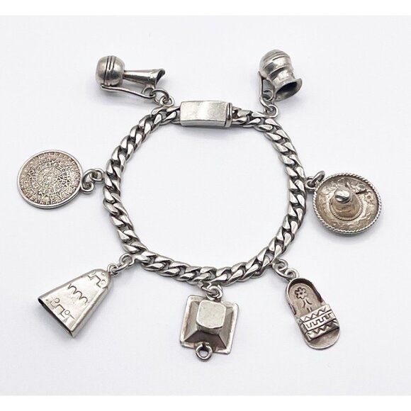 Vintage Castelan 925 Sterling Silver 7 Charm Cuban Link Chain Bracelet Eagle 15